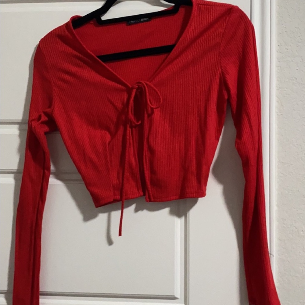Red Cropped Ribbed Tie Front Cardigan Size Medium (M)